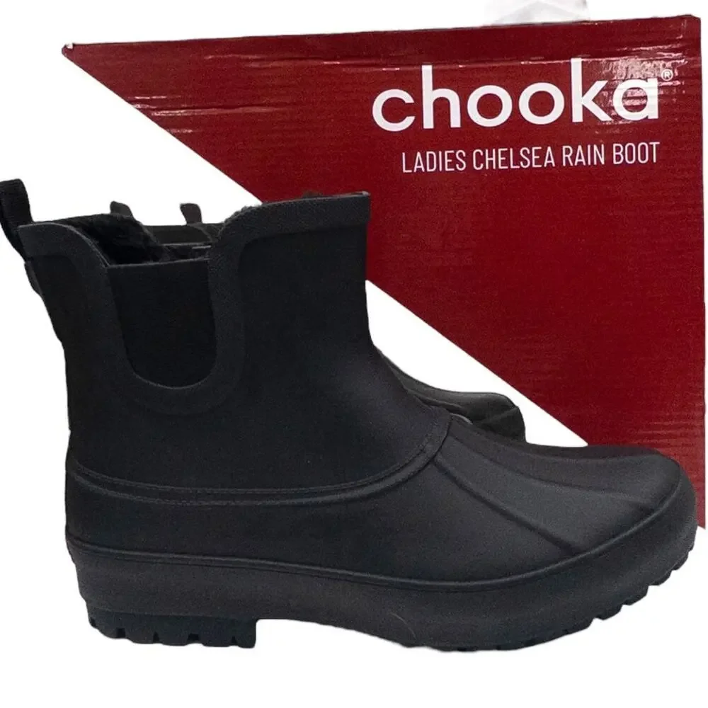 Chooka Winter Waterproof Rubber Plush Chelsea Rain Boots Black Lined size 6 or 7